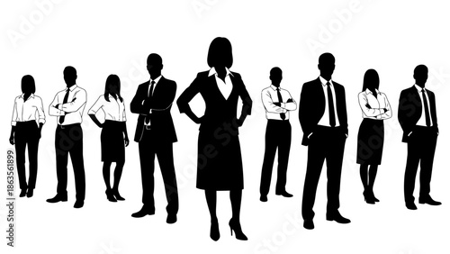 A diverse group of business professionals standing together in a confident formation.