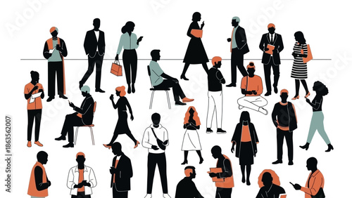 A diverse group of people of various ages and ethnicities are depicted in a stylized, flat illustration, many interacting with their mobile phones.