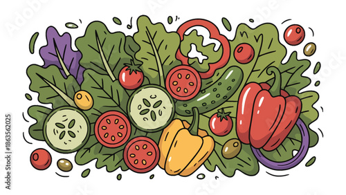 Fresh Vegetable Medley: A vibrant illustration showcasing a colorful assortment of fresh vegetables, meticulously arranged and ready to inspire a healthy and delicious meal.