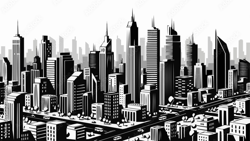 Fototapeta premium Modern Cityscape with Tall Skyscrapers and Busy Streets.