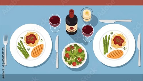 Elegant Dinner Setting with Two Plates of Food and Wine.