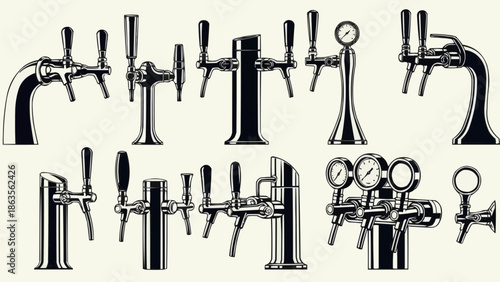 Collection of various beer taps and dispensers in silhouette.