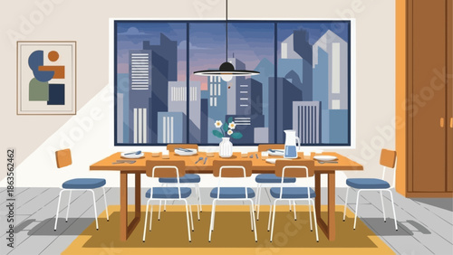 Modern Dining Room with City View at Dusk.