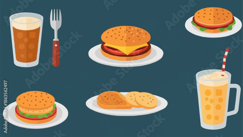 Delicious Fast Food Meal with Burgers and Drinks.