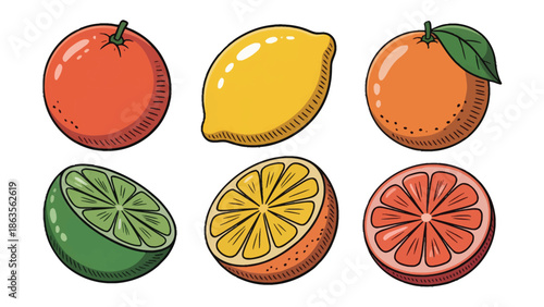 Citrus Medley: A vibrant assortment of citrus fruits bursts with refreshing flavors, featuring whole and halved lemons, oranges, grapefruit, and lime.