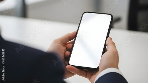 Businessman holding smartphone with blank white screen in office