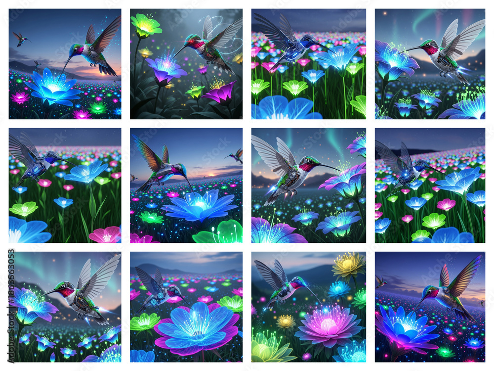 Fototapeta premium Hummingbirds with iridescent feathers hover over glowing neon flowers in a magical night field each square shows vibrant colors and fantastical nature in a dreamlike collage