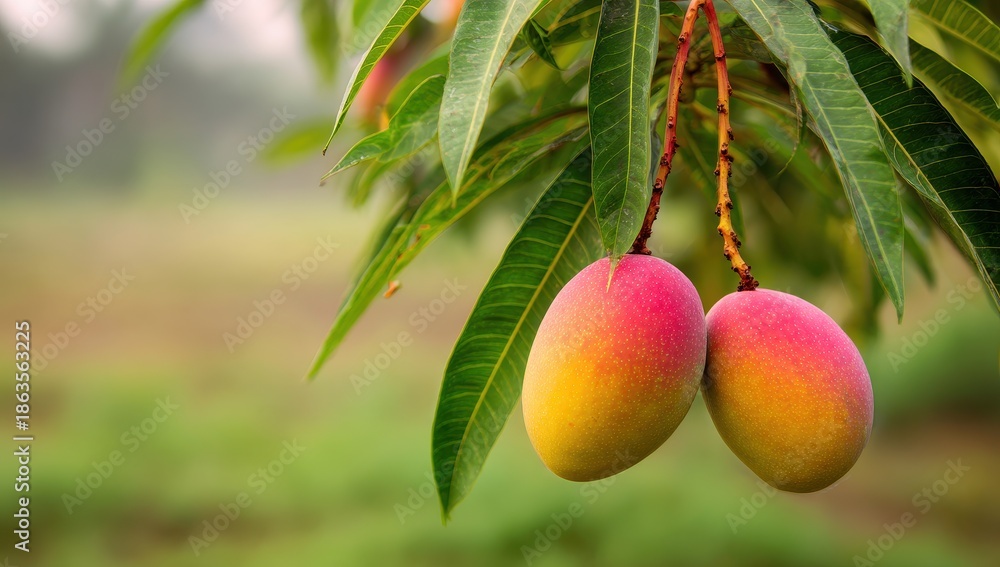 Obraz premium Vibrant Ripe Mangoes with Red-Yellow Gradient on Branch, Lush Green Tropical Backdrop.