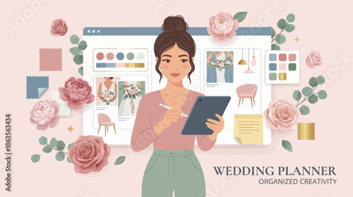 Female wedding planner uses a tablet to organize digital event design, surrounded by roses and color palettes, concept for event management, service promotion and creative business branding
