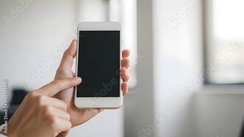 Hand holding white smartphone with blank screen in bright room