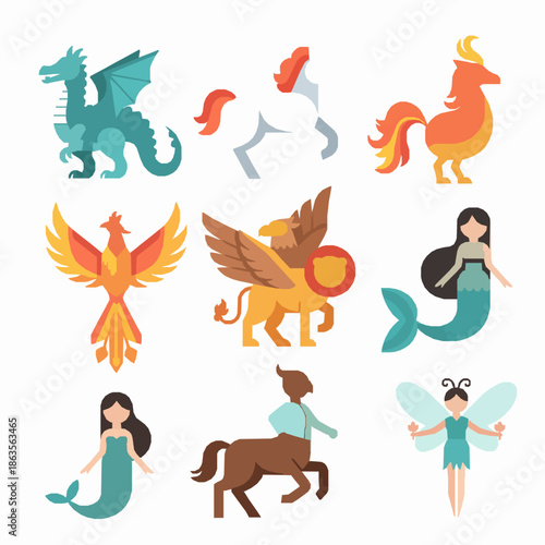 Mythical Creatures Flat Vector Illustration Set for Fantasy Design