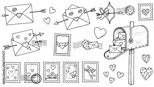 A collection of black and white illustrations depicting love letters, hearts, and Valentine's Day symbols from various viewpoints.