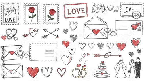 Couple exchanging love letters and hearts on Valentine's Day celebration