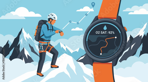 Climber checking GPS smartwatch displaying O2 Saturation and route tracking on snowy mountains, concept for outdoor sports tech, adventure mapping and health monitoring