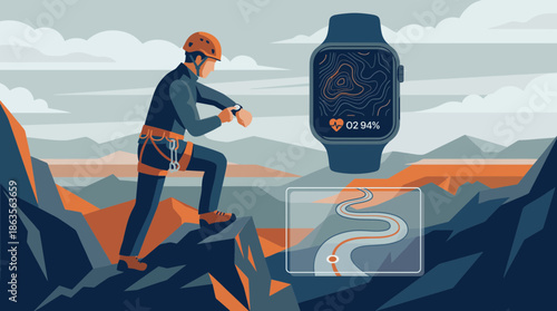 Climber checks smartwatch displaying health metrics and map data on rugged mountain terrain illustration, concept for extreme sports tech, adventure travel promotion and fitness app design