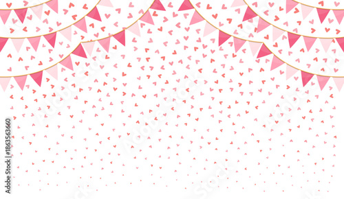 Background decorated with small red and pink hearts and curved festive bunting garlands