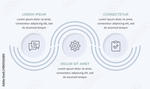 Minimal infographic with three circles with icons connected by smooth wave lines