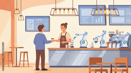 Friendly barista serves businessman customer in a futuristic coffee shop featuring robotic arms, concept for retail automation, service technology innovation and modern business illustration