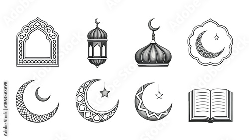 Ramadan Icons: A collection of meticulously crafted, line-art illustrations, evoking the spiritual essence of Ramadan. Featuring a mosque dome, crescent moons, an ornate lamp, and an open holy book.