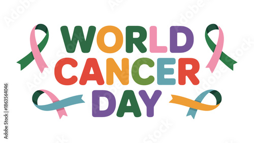 World Cancer Day: Colorful, the vibrant graphic design commemorating World Cancer Day, adorned with symbolic ribbons of varied hues, spreading awareness and hope.