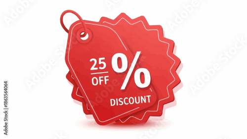Red discount tag with twenty five percent off text.