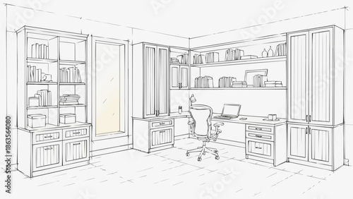 Hand drawn sketch of a modern home office interior design.