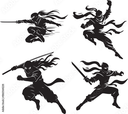 ninja silhouettes leaping with swords in action.