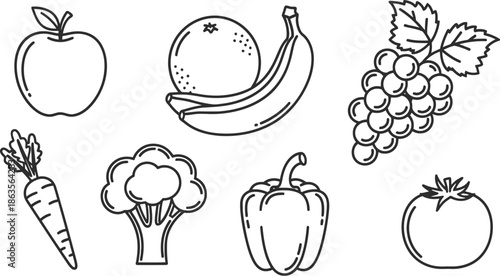 Assorted fruits and vegetables in simple line art