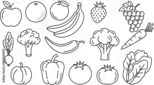Variety of fruits and vegetables in line art