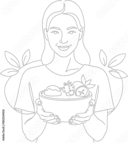 Woman holding a bowl of fresh fruits and vegetables