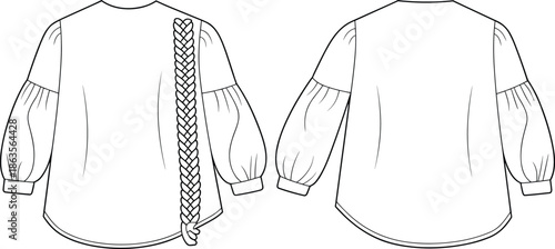 Women, blouse, with, braided, lace, side, detail, technical, fashion, flat, vector, illustration, long, sleeves, front, and, back, view, cad, drawing