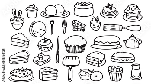 Cake Dessert Food Doodle Pattern, Hand Drawn Bakery Illustration Set, Black White Sweet Sketch Design, Cute Pastry Graphic Collection, Birthday Party Clipart Bundle, Kawaii Food Art Elements, Deliciou