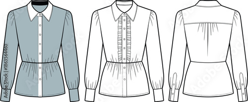 Women, ruffle, button, front, blouse, technical, fashion, flat, vector, illustration, long, sleeves, front, back, views, elegant, shirt, apparel, cad, drawing