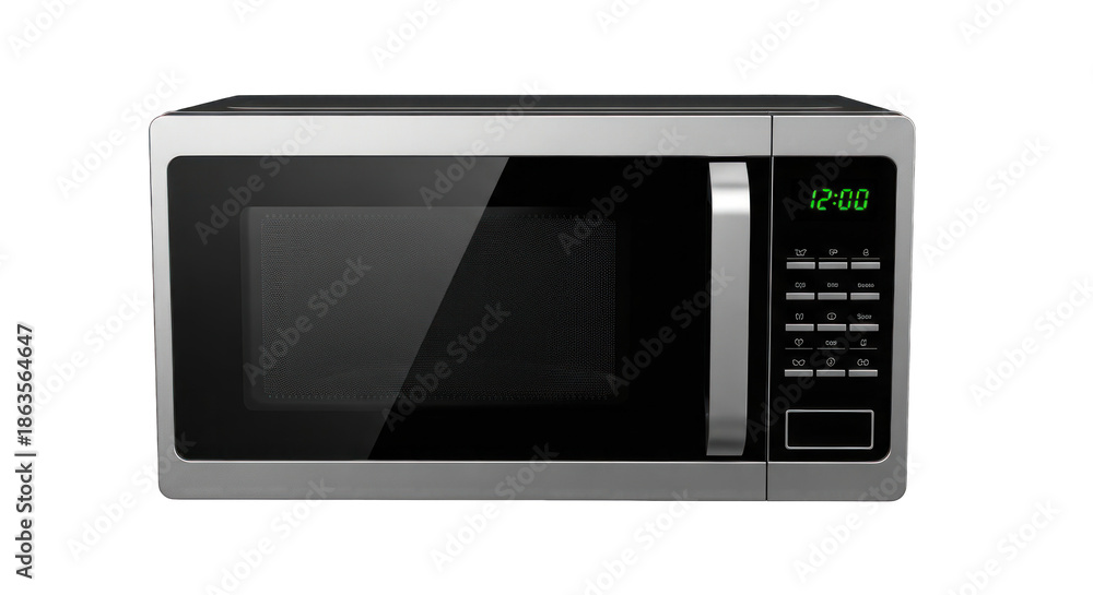 Fototapeta premium Modern stainless steel microwave oven with digital display against a black backdrop