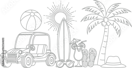 Beach scene with golf cart and palm tree