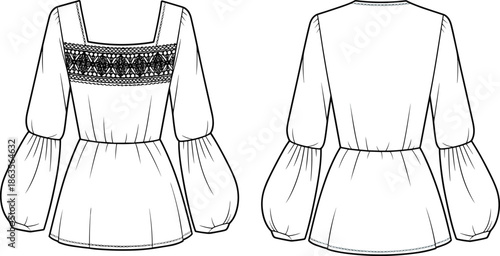 Women, square, neck, blouse, embroidered, yoke, technical, fashion, flat, vector, illustration, puff, sleeves, front, and, back, view, apparel, cad, drawing