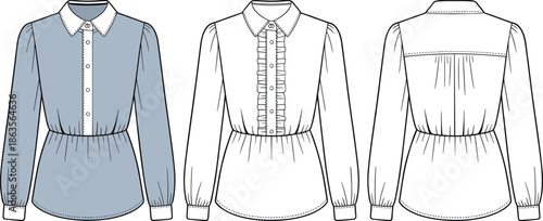 Women, ruffle, front, button, blouse, technical, fashion, flat, vector, illustration, long, sleeves, front, back, views, classic, shirt, apparel, cad, drawing