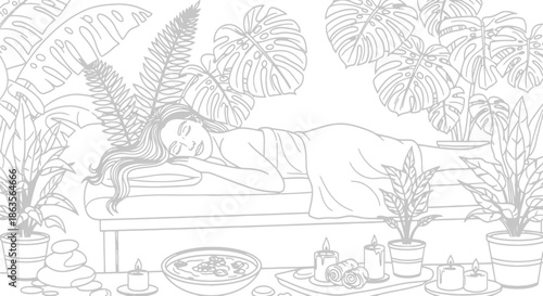 Woman relaxing in spa surrounded by plants