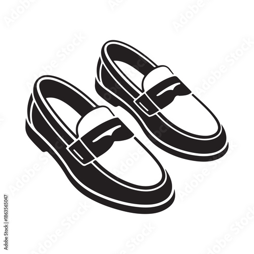 A pair of black and white loafers depicted in a simple graphic black and white style