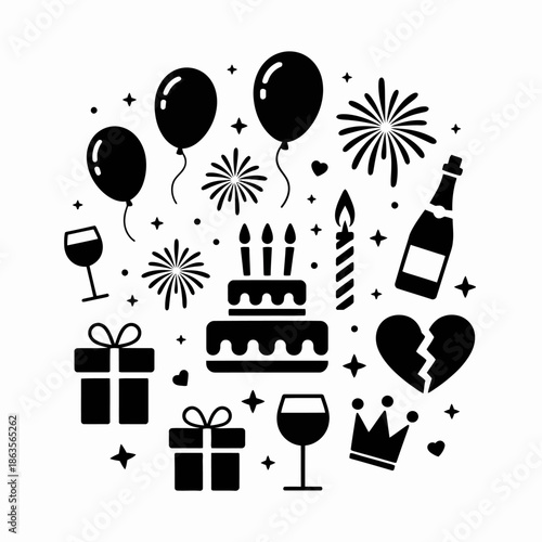 A collection of black icons celebrating a birthday party