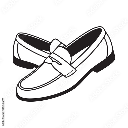A black and white illustration of a classic leather loafer shoe detailed and stylish