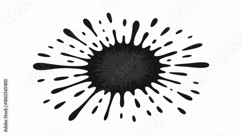 A black ink splatter on a white background with dynamic droplets