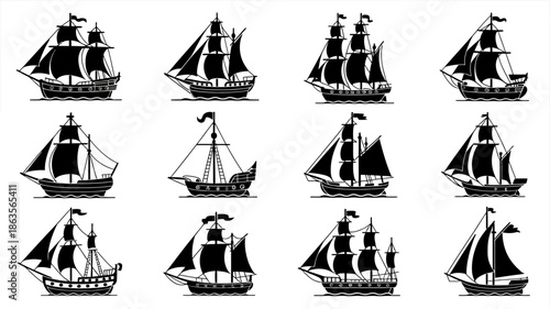 Collection of twelve silhouette vector icons representing various antique sailing ships isolated on a white background for design.