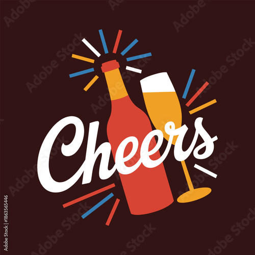 Cheers message with bottle and glass beer celebration vector illustration, entertainment concept.