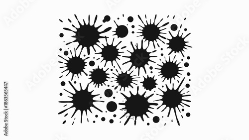 Collection of messy black ink splashes and splatters creating a grunge texture effect isolated on a white background for design.