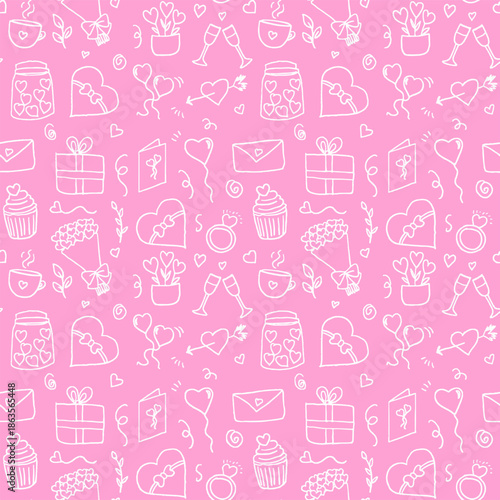 Seamless Valentine’s Day doodle pattern featuring hand-drawn romantic elements such as hearts, love letters, envelopes, gift boxes, flowers, bouquets, cupcakes, coffee cups, champagne glasses, rings