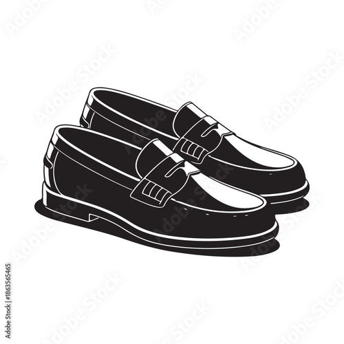A stylish pair of black and white loafers presented as a graphic illustration