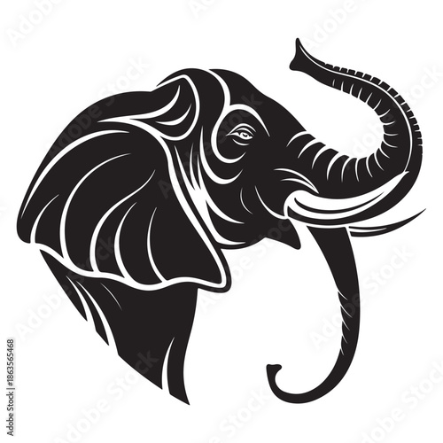 Majestic black elephant head with raised trunk and white outlines