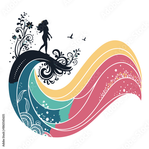 Woman standing on colorful wave with flowers and birds flying