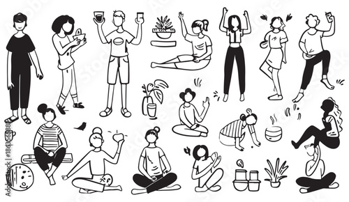People Activity Line Art Doodle, Hand Drawn Human Figure Illustration, Black White Person Sketch Set, Daily Life Action Graphic, Simple Character Icon Elements, Cute Cartoon Clipart Bundle, Lifestyle 